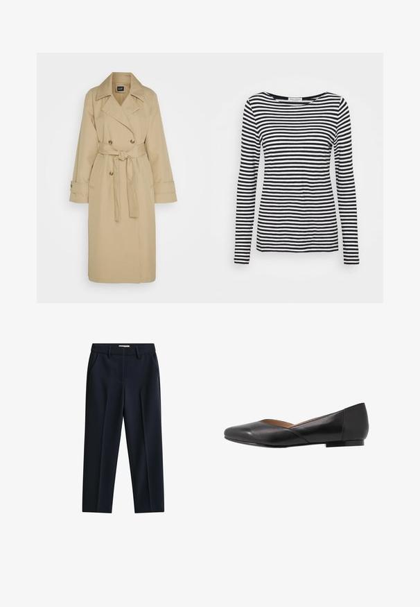 GAP ICON - Trenchcoat - khaki; Langemouwen, ronde hals T-shirt met een zwart-wit gestreept patroon. Gemaakt van zachte stof met een reguliere pasvorm. Schoon, minimalistisch ontwerp.; Marineblauwe op maat gemaakte broek met riemlussen, zijzakken en een voorrits op een witte achtergrond.; Zwarte leren platte schoen met een spitse neus, lage hak en een iets open bovenwerk ontwerp. Gladde textuur met minimale stikdetails.