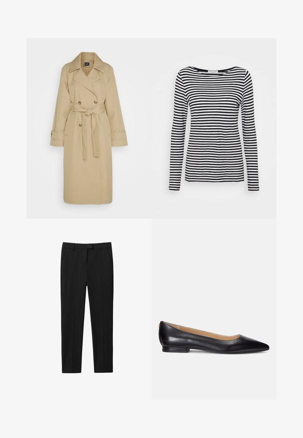GAP ICON - Trenchcoat - khaki; Langemouwen, ronde hals T-shirt met een zwart-wit gestreept patroon. Gemaakt van zachte stof met een reguliere pasvorm. Schoon, minimalistisch ontwerp.; Zwarte broek met een op maat gemaakte ontwerp, vlakke voorkant, twee zijzakken en een rechte pijp. Gemaakt van gladde stof met een subtiele glans.; Zwarte leren ballerina's met een spitse neus, lage hak en een gouden accent op de hak. Glad textuur met een klassieke uitstraling.