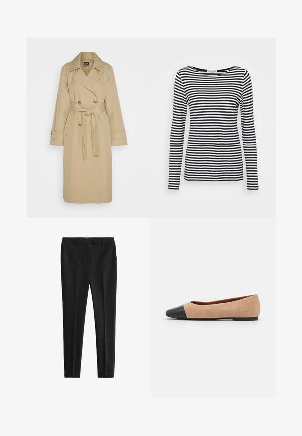 GAP ICON - Trenchcoat - khaki; Langærmet T-shirt med rund hals, prydet med et sort-hvidt stribet mønster. Fremstillet af blødt stof med regular fit. Renset, minimalistisk design.; Sorte bukser lavet af glat stof, med skræddersyet pasform, frontfolder og bæltestropper, samt sidelommer og baglommer.; Beige ruskind balletflade med en sort læder rund tåkap, lav hæl og glat tekstur, der har minimal syning og et enkelt design.