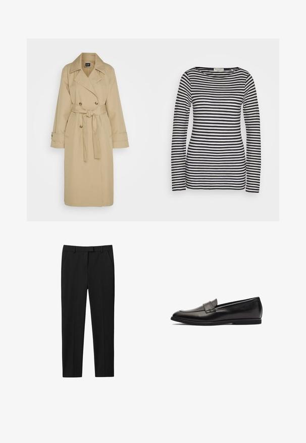 GAP ICON - Trenchcoat - khaki; Top met lange mouwen van katoen, met horizontale marineblauwe en witte strepen, ronde hals, strakke pasvorm, met een gladde textuur en minimalistisch ontwerp.; Zwarte broek met een op maat gemaakte ontwerp, vlakke voorkant, twee zijzakken en een rechte pijp. Gemaakt van gladde stof met een subtiele glans.; Zwarte leren instapper met een gladde afwerking, ronde neus en dubbele stiksels op de bovenkant. Platte rubberen zool voor comfort.