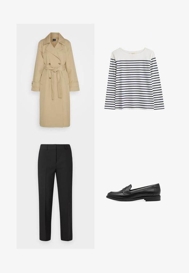 GAP ICON - Gabardina - khaki; Top de manga larga en algodón orgánico con fondo blanco y rayas horizontales en azul marino. Cuello redondo, corte relajado, sin detalles visibles.; Pantalones negros a medida con corte recto, frente plano y sin adornos visibles. Fabricados con una tela lisa y de acabado nítido.; Mocasines de piel negra con una textura suave, que presentan un detalle trenzado en la parte superior y un tacón bajo y redondeado. Diseño y forma simples.