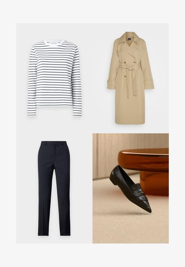 GAP ICON - Trench - khaki; Chemise à manches longues en coton blanc avec des rayures horizontales noires. Présente un col rond et une coupe décontractée. Pas d'accents ou de motifs notables.; Pantalons ajustés bleu marine avec une coupe droite, présentant une texture lisse, deux poches avant et une taille épurée.; Mocassin en cuir noir à bout pointu avec détail de franges, positionné sur un tapis beige près d'une table ronde en verre orange.