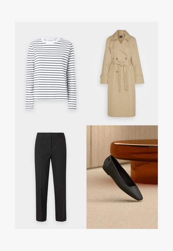 GAP ICON - Trenchcoat - khaki; Langærmet skjorte i hvid bomuld med sorte horisontale striber. Har en rund halsudskæring og en afslappet pasform. Ingen bemærkelsesværdige accenter eller mønstre.; Sorte skræddersyede bukser med lige ben, flad front og uden synlige pyntedetaljer. Fremstillet af et glat stof med en skarp finish.; Sort spids flad sko, der hviler på en beige tæppe nær et rundt ravfarvet bord i en minimalistisk rumindretning.