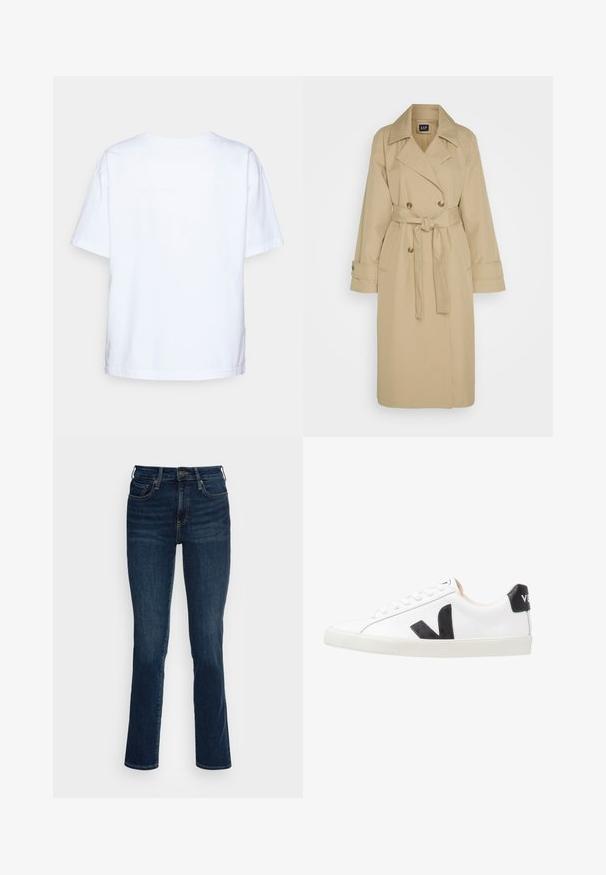 GAP ICON - Gabardina - khaki; Camiseta de algodón blanca de manga corta vista desde atrás sobre un fondo gris claro.; Jeans de mezclilla azul oscuro con un diseño ajustado, cintura alta, piernas rectas y detalles en metal de color cobre. Textura suave con un desvanecimiento mínimo.; Zapatilla blanca con un logo en V negro, con una parte superior de cuero liso, puntera redonda, cierre de cordones y una lengüeta en el talón de color negro en contraste.