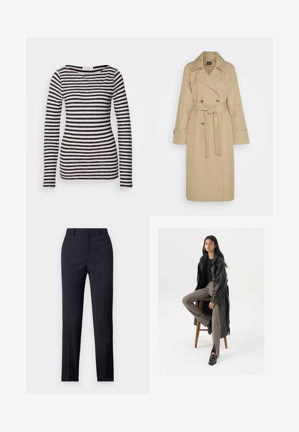 GAP ICON - Καμπαρντίνα - khaki; Μαύρο και άσπρο ριγέ μακρυμάνικο μπλουζάκι, φτιαγμένο από μαλακό ύφασμα, με φαρδιά λαιμόκοψη και εφαρμοστή σιλουέτα. Διαθέτει οριζόντιες ρίγες σε ίσες αποστάσεις.; Ναυτικές tailored παντελόνες με ίσια γραμμή, με λεία υφή, δύο εμπρόσθιες τσέπες και καθαρή μέση.; Μαύρο δερμάτινο παλτό με κουμπιά και λεπτομέρεια ζώνης, συνδυασμένο με ανοιχτό καφέ εφαρμοστά παντελόνια και μαύρα μοκασίνια, καθισμένο σε ξύλινη σκάλα.