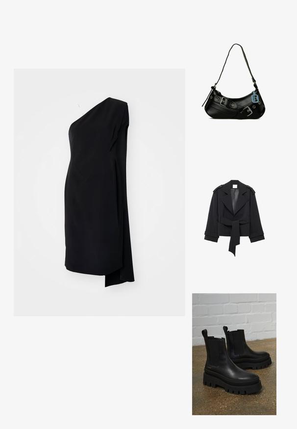 Sort kort trenchcoat med brede revers, skulderepåklædning, bælte i taljen og manchetstropper, vist på hvid baggrund.; Sort asymmetrisk kjole med én skulder, lavet af glat stof, med en draperet design og en sideslids for ekstra detaljer.; Sort læder ankelstøvler med elastiske sidepaneler, tykke sorte platformssåler og syninger, der har en løftesanordning for nem påtagning.; Sort syntetisk håndtaske med en buet form, justerbar rem og dekorative metalspænder. Har en glat, blank tekstur.