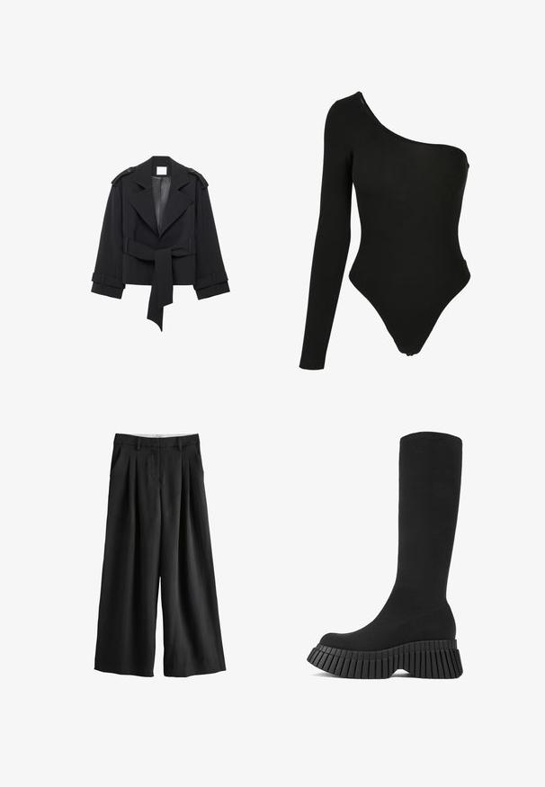 Schwarzer kurzer Trenchcoat mit breiten Revers, Schulterklappen, Taillengürtel und Manschettenriemen, auf weißem Hintergrund dargestellt.; Schwarzer One-Shoulder-Bodysuit aus dehnbarem Stoff, mit einem langen Arm auf einer Seite, hochgeschnittenen Beinausschnitten und einer figurschmeichelnden Silhouette.; Schwarze Hose mit weitem Bein, Gürtelschlaufen, Vorderfalten und seitlichen Taschen, auf weißem Hintergrund dargestellt.; Schwarze kniehohe Stiefel mit einer gerippten Plattformsohle und strukturiertem Obermaterial. Elegantes, figurbetontes Design mit abgerundetem Zehenbereich und ohne sichtbare Beschläge.