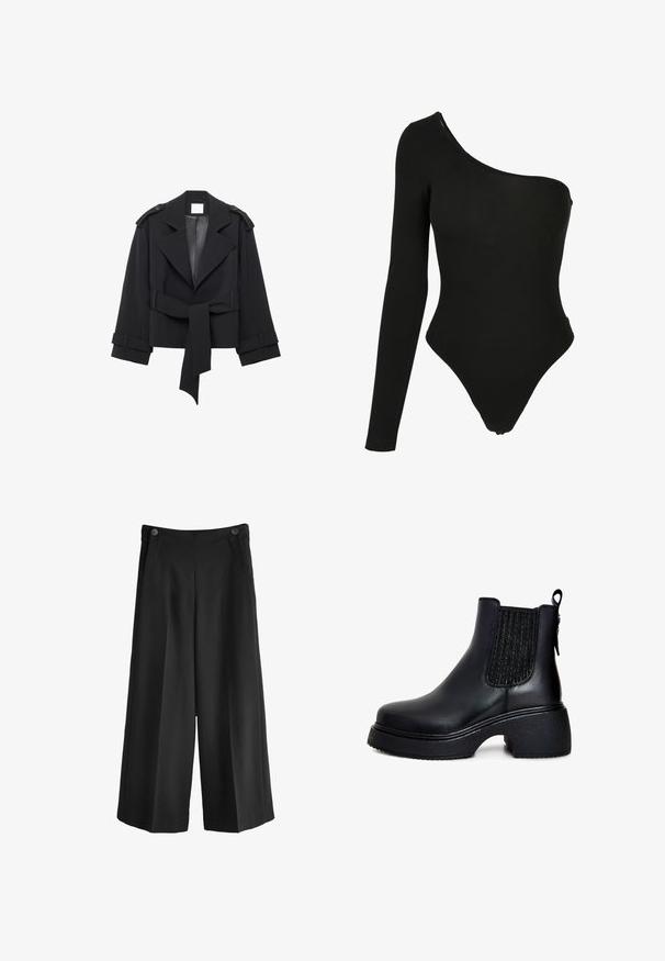 Zwart ingekort trenchcoat met brede revers, schouderepauletten, ceintuur in de taille en manchettenriemen, weergegeven op een witte achtergrond.; Zwart een-schouder bodysuit gemaakt van rekbare stof, met een lange mouw aan één kant, hoge beenopeningen en een aansluitende silhouet.; Zwarte wijde broek met hoge taille, gemaakt van een gladde stof. Bevat twee voorkeurs en twee knopen bij de tailleband.; Zwarte leren enkellaarzen met elastische zijpanelen, ronde neus, stevige gestructureerde hak en een pull tab aan de achterkant voor eenvoudig aan- en uittrekken.