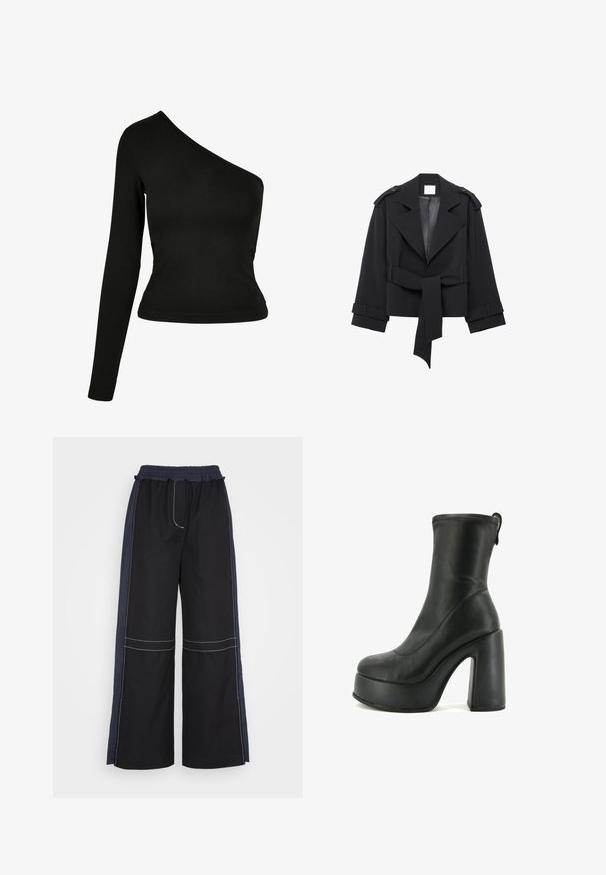 Zwart ingekort trenchcoat met brede revers, schouderepauletten, ceintuur in de taille en manchettenriemen, weergegeven op een witte achtergrond.; Zwarte top met lange mouwen en een asymmetrische halslijn. Gemaakt van een gladde stof, met een getailleerd ontwerp en een gebogen zoom. Geen patronen of versieringen.; 3.1 Phillip Lim COMBO UTILITY PANT - Broek - black eclipse; Zwarte leren enkelboot met een hoge plateauzool en stevige hak. Gladde textuur met stiksels en een trekhaak aan de achterkant.