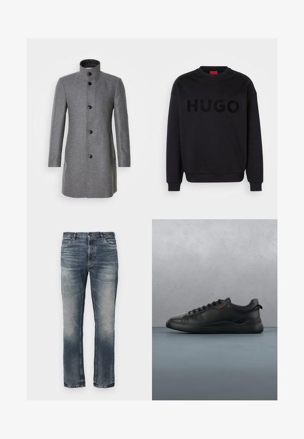 Grå uldfrakke med høj krave, tre sorte knapper og to sidelommer. Har en fiskebensmønster og en glat tekstur.; Sort sweatshirt lavet af blødt materiale, med en rund halsudskæring og lange ærmer. Ordet "HUGO" er iøjnefaldende vist i en skinnende sort skrifttype.; Blå denim jeans med lige ben. Lysbehandlede områder, klassisk fem-lomme design og en enkelt metalknaplukning i taljen.; HUGO BLAKE - Sneakers - black