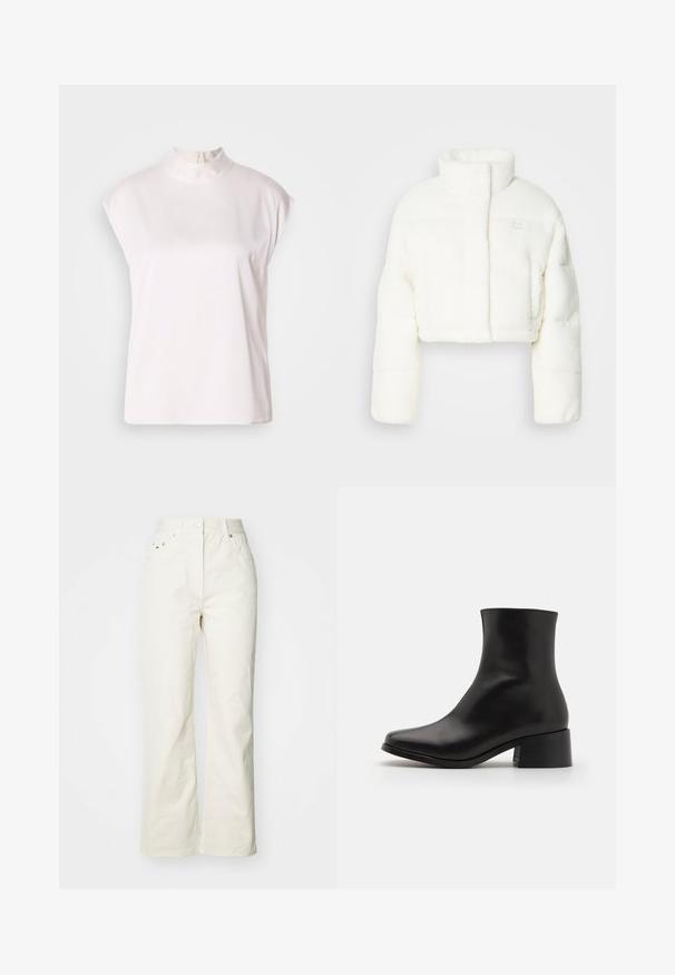 Veste courte en fausse fourrure blanche, avec un col élevé, un design rembourré et un petit logo sur la poitrine. Texture douce et forme structurée.; Blouse blanche sans manches avec un col haut et une fermeture éclair au dos, dotée d'un tissu doux et lisse et d'une coupe décontractée. Pas de motifs ni d'accents.; Pantalon large couleur beige clair en coton, avec une taille haute, une fermeture à bouton à l'avant, et deux poches latérales avec des détails de couture subtils.; Bottines en cuir noir avec un bout arrondi, un talon bloc de hauteur moyenne et un design sans couture. Texture lisse avec des détails de couture minimaux.