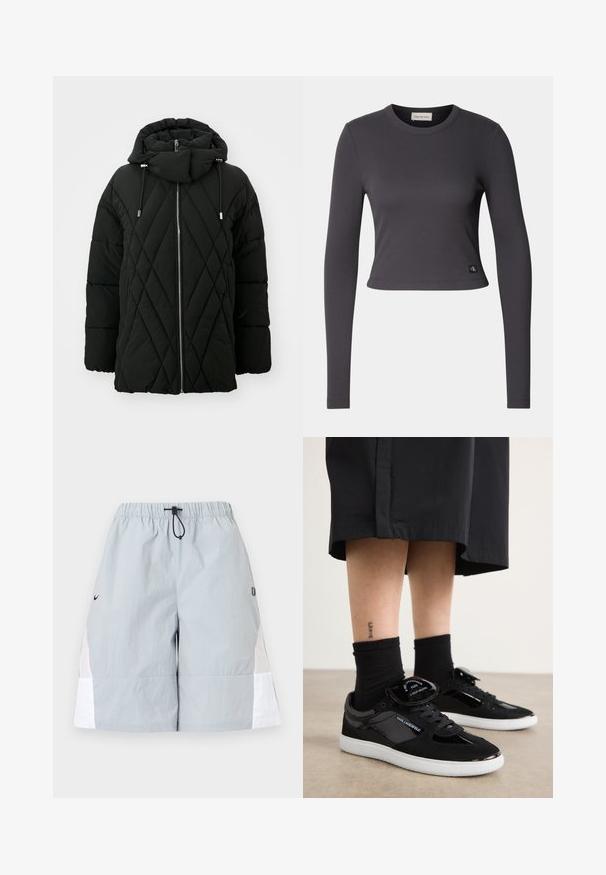 Schwarze gesteppte Steppjacke mit langen Ärmeln, Frontreißverschluss, hohem Kragen, verstellbarer Kapuze mit Kordelzug, für kaltes Wetter konzipiert.; Langärmliges, kurzes Oberteil aus dunkelgrauem Rippstoff mit einem runden Ausschnitt und einem kleinen Logo-Patch am Saum. Glatter Stoff, enganliegendes Design.; Hellgraue Sportshorts mit weißen Seitenpaneelen, elastischem Bund und schwarzer Kordelschlaufe, dargestellt vor einem schlichten Hintergrund.; Schwarze Sneaker aus Wildleder und lackiertem Leder, mit einer weißen Sohle, Schnürdesign und einem logobearbeiteten Zungenakzent.