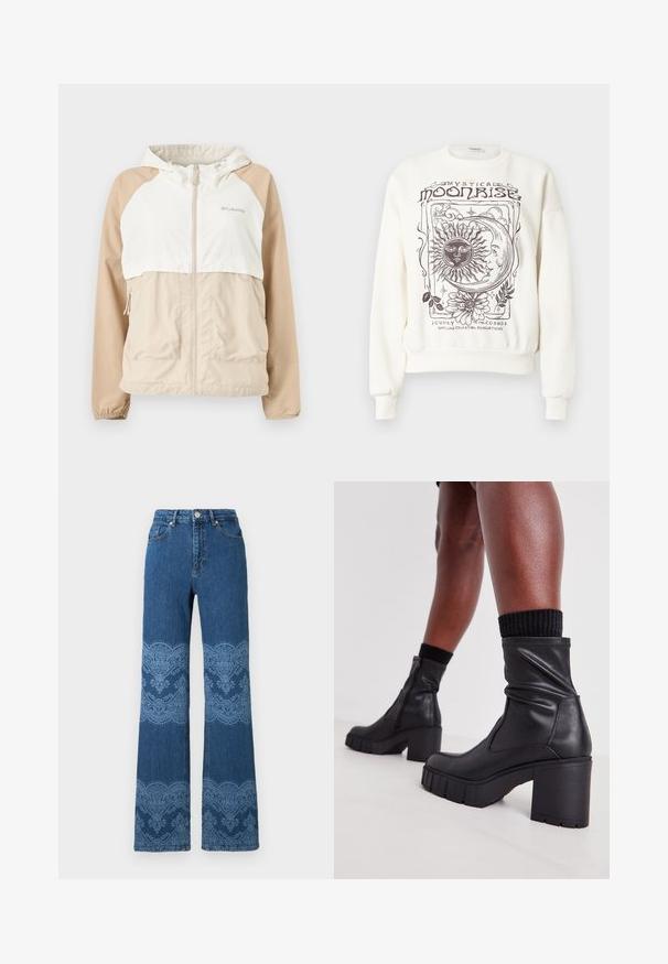 Hellbeige-weiße Kapuzenjacke mit Reißverschluss, langen Ärmeln, Fronttaschen und Columbia-Logo auf der Brust.; Cremeweißes Sweatshirt mit himmlischen Motiven, darunter Sonne, Mond und florale Details, mit gerippten Bündchen und Saum.; Blaue, hoch taillierte Jeans mit geradem Bein, verziert mit hellblauen Blumen- und spitzenähnlichen Mustern an Oberschenkeln und Waden, vorn mit Knöpfen und Taschen.; Schwarze Lederstiefeletten mit einem lässigen Design, klobigem hohen Absatz und strukturiertem Gummisohle. Mit einem Reißverschluss an der Seite.