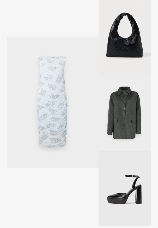 Grijze wollen mix jas met een traditionele kraag, twee voorzakken en een knoopsluiting. Voorzien van een gladde zwarte voering aan de binnenkant.; Lichtblauwe mouwloze jurk met een grijs bloemenpatroon. Heeft rimpelingen aan de zijkanten en een getailleerde pasvorm. Soepele stofstructuur.; Zwarte plateauhakken met een puntige neus en verstelbare enkelband. Gemaakt van soepel leer, met een robuuste blokhak.; Zwarte leren handtas met een gestructureerde, ronde vorm, voorzien van een grote, halve maan uitgesneden handgreep en een textuur met een ruitpatroon.