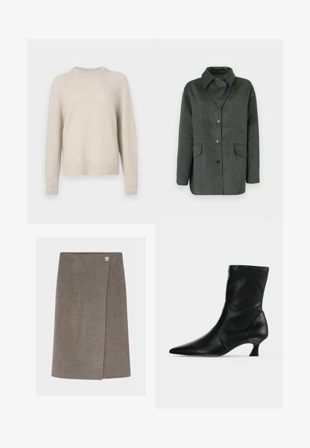 Grau melierter Wollmischmantel mit traditionellem Kragen, zwei Vordertaschen und Knopfverschluss. Verfügt über ein glattes schwarzes Innenfutter.; Beige Strickpullover mit Rundhalsausschnitt, Raglanärmeln und geripptem Saum. Weiche Textur mit einer leicht lockeren Passform und minimalem Muster.; Woll-Wickelrock knielang in gedämpftem Taupe mit überlappendem Vorderteil, das mit einem einzigen glänzenden silbernen Knopf an der Taille befestigt ist.; Schwarzer Leder-Stiefel bis zur Mitte der Wade mit spitzer Schuhspitze und niedrigem Kittenabsatz, seitlich auf hellem einfarbigem Hintergrund gezeigt.