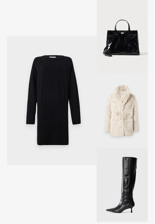 Abrigo de piel sintética color crema con cuello chal, cierre de botones y dos bolsillos en la parte delantera; textura suave y apariencia esponjosa.; CLOSED CREW NECK MINI DRESS - Vestido de punto - black; Bota de cuero negra hasta la rodilla con punta afilada y tacón delgado curvado. Textura suave, diseño ajustado y sin hardware ni patrones visibles.; Bolso de mano de piel negra brillante con asas cortas, bandolera desmontable y detalles sutiles de costuras curvas en la parte delantera.