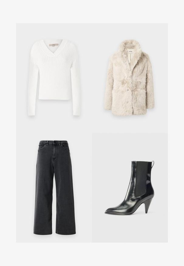 Faux fur kremfarvet frakke med sjalskrave, knaplukning og to frontlommer; blød tekstur og plysset udseende.; Hvid ribbet striktrøje med V-hals, lange ærmer og cropped design; har en struktureret overflade og tætsiddende manchetter.; Sorte denim jeans med bred benvidde, frontknap og lynlås, bæltestropper og frontlommer på en ensfarvet hvid baggrund.; Sort, blanklæder ankelstøvle med spids tå, elastisk sidepanel, pull-tab bagpå og en mid-højde konisk hæl.