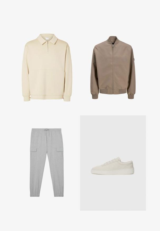 Beige bomberjakke med frontlynlås, ribbet krave, manchetter og kant, vist forfra på hvid baggrund.; Beige pullover sweatshirts lavet af blødt stof, med lynlås i halsen, krave og en afslappet pasform med en simpel vandret sømdetalje.; Lysegrå cargobukser med snøre i taljen, sidelommer med klap og elastiske manchetter med lynlåse omkring anklerne.; Beige sneakers med en glat ruskindsfinish, rund tå og flad gummisole. Har snørebåndslukning og minimalistisk design med diskret syning.