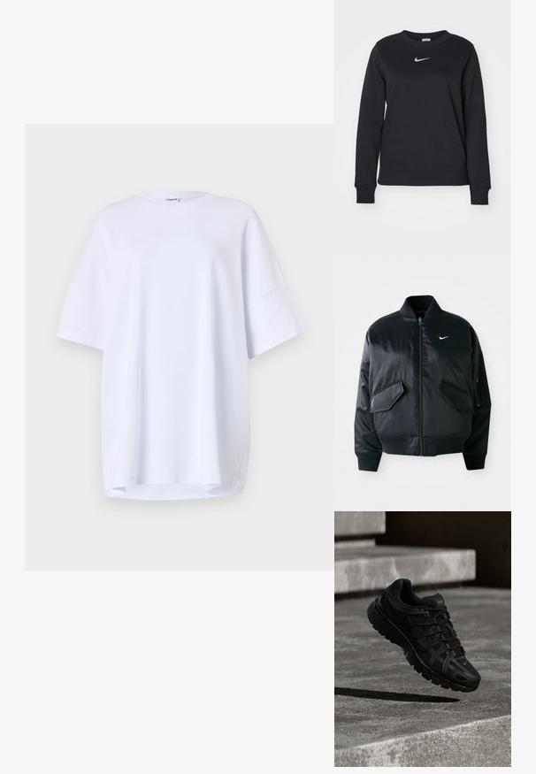 Schwarze Bomberjacke mit glatter Satin-Oberfläche, geripptem Kragen und zwei vorderen Klapptaschen. Besitzt ein kleines weißes Logo auf der Brust.; Schwarzes Sweatshirt aus Baumwollmischung mit gerippten Bündchen und Saum, rundem Ausschnitt und silbernem Nike-Logo auf der Brust.; Oversized, kurzärmliges weißes T-Shirt aus Baumwolle. Runder Halsausschnitt, Seitenschlitze am Saum und glatte Textur ohne sichtbare Muster oder Akzente.; Schwarzer Sportschuh mit Mesh-Obermaterial, Gummisohle und einem filigranen Schnürdesign; verfügt über eine leichte Kurve und Nike-Branding.