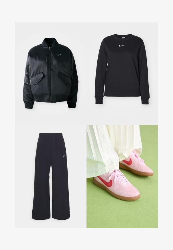 Chaqueta bomber negra con un acabado satinado suave, cuello de canalé y dos bolsillos frontales con solapa. Presenta un pequeño logo blanco en el pecho.; Sudadera negra de mezcla de algodón, con puños y dobladillo acanalados, escote redondo y logo plateado de Nike en el pecho.; Pantalones de pierna ancha negros con una cintura elástica y un pequeño logo blanco de Nike. La tela tiene una textura suave, diseñada para la comodidad y el uso casual.; Zapatillas de ante rosa con un logo rojo y cordones a juego. La suela es de goma marrón clara. Llevadas con pantalones blancos con pliegues sobre una superficie verde.