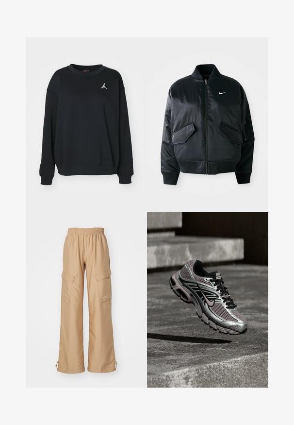 Schwarze Bomberjacke mit glatter Satin-Oberfläche, geripptem Kragen und zwei vorderen Klapptaschen. Besitzt ein kleines weißes Logo auf der Brust.; Schwarzer Pullover aus Baumwolle, mit rundem Ausschnitt, langen Ärmeln, gerippten Bündchen und Saum, versehen mit einem weißen Jumpman-Logo auf der Brust.; Nike Sportswear TREND - Cargohose - hemp; Nike Air Max Laufschuh mit silbernem, schwarzem und lila Mesh, in der Luft schwebend über einer Betonfläche und Treppen.
