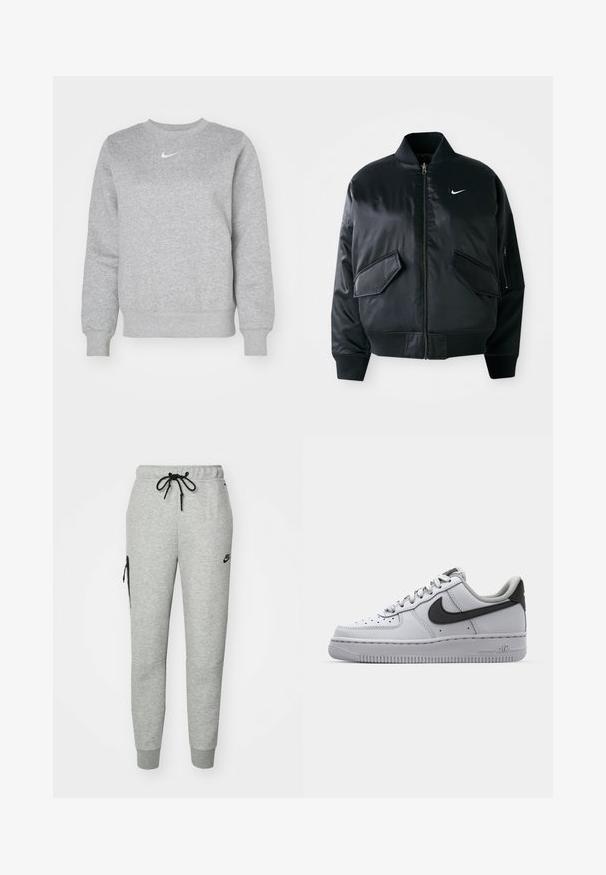 Must karvane jope, millel on sile satiinviimistlus, soonikuga krae ja kaks esimest klapiga taskut. Rinnal on väike valge logo.; Hallitus sweatshirt, mis on valmistatud pehmest kangast, omab ümarat kaelust, soonikkoes mansette ja rinda väikest valget Nike logo.; Hallide hallis dressipüksid pehmest kangast, millel on nööriga vöökoht, kitsenevad sääred ja lukuga tasku vasakul küljel. Omab musta logo.; Valge nahast toss, hallide detailidega, ümmarguse varbaga, tekstuurse pinnaga, pehmendatud krae ja kontrastses mustas värvuses Swoosh logo. Õhkpadjaga tald.