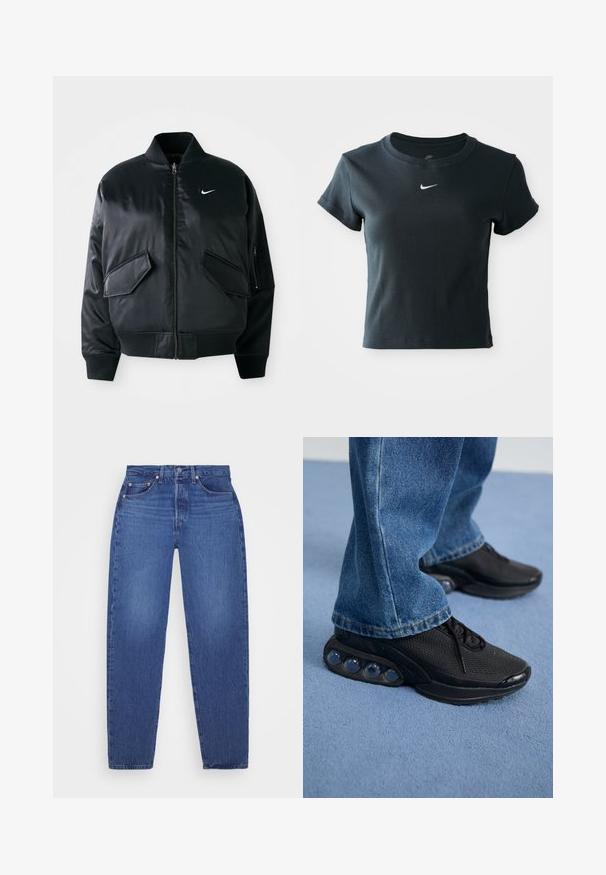 Chaqueta bomber negra con un acabado satinado suave, cuello de canalé y dos bolsillos frontales con solapa. Presenta un pequeño logo blanco en el pecho.; Camiseta de manga corta negra, ajustada y de canalé, hecha de tela suave, con un pequeño logo de Nike en blanco en el pecho.; Vaqueros de mezclilla azul con corte recto, cinco bolsillos, remaches de cobre y una textura desgastada. Cintura clásica con cierre de cremallera.; Zapatillas deportivas negras con parte superior de malla, acentos texturizados y cápsulas de amortiguación de aire visibles en la suela. Combinadas con jeans de mezclilla azul.