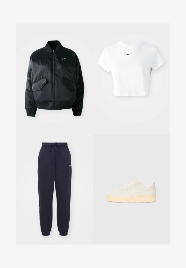 Chaqueta bomber negra con un acabado satinado suave, cuello de canalé y dos bolsillos frontales con solapa. Presenta un pequeño logo blanco en el pecho.; Camiseta corta blanca de algodón, con mangas cortas y cuello redondo, y un logo negro de Nike en el pecho.; Pantalones de chándal Nike en azul marino, hechos de un material suave. Cuenta con una cintura elástica con cordón y tobillos ajustados. Pequeño acento con el logo blanco.; Zapatilla blanca con parte superior texturizada, puntera redondeada y suela de goma tintada de amarillo. Presenta un logo sutil y cierre con cordones.