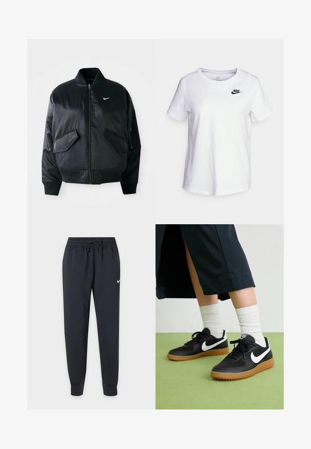 Chaqueta bomber negra con un acabado satinado suave, cuello de canalé y dos bolsillos frontales con solapa. Presenta un pequeño logo blanco en el pecho.; Camiseta de algodón blanca con cuello redondo y mangas cortas. Presenta un logotipo negro de Nike en la parte superior izquierda del pecho.; Pantalones de chándal negros Nike con cinturilla elástica y cordón, piernas ajustadas, tobillos con puños y pequeño logo blanco de Nike en el muslo derecho.; Zapatillas de cuero negro y sintético con el swoosh blanco de Nike, suela de goma, punta redonda y cordones negros. Calcetines blancos acanalados visibles.