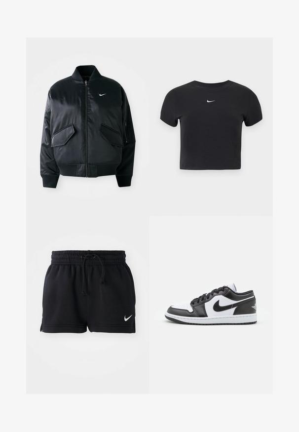 Schwarze Bomberjacke mit glatter Satin-Oberfläche, geripptem Kragen und zwei vorderen Klapptaschen. Besitzt ein kleines weißes Logo auf der Brust.; Schwarzes, kurz geschnittenes T-Shirt aus Baumwolle mit rundem Ausschnitt und kurzen Ärmeln. Auffälliges weißes Nike-Logo auf der Brust.; Schwarze Sportshorts aus weichem Material, mit einem elastischen Bund und Kordelzug, Seitenschlitzen und einem kleinen weißen Logo am Saum.; Schwarz-weiße Nike Low-Top-Sneaker verfügen über ein glattes Leder-Obermaterial, eine runde Zehenpartie, eine Schnürung und eine gemusterte Gummisohle.