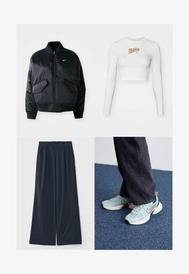 Schwarze Bomberjacke mit glatter Satin-Oberfläche, geripptem Kragen und zwei vorderen Klapptaschen. Besitzt ein kleines weißes Logo auf der Brust.; Weißes, langärmliges Crop-Top aus glattem Stoff, mit einem goldenen Nike-Logo-Print auf der Brust und einem klassischen Rundhalsausschnitt.; Dunkelblaue weit geschnittene Hose aus weichem Stoff; mit elastischem Bund und zwei seitlichen Taschen für zusätzlichen Komfort.; Himmelblaue Mesh-Nike-Sneaker mit strukturiertem Finish, schwarzem Swoosh und cremefarbener Zwischensohle, kombiniert mit dunkelgrauen weiten Hosen.