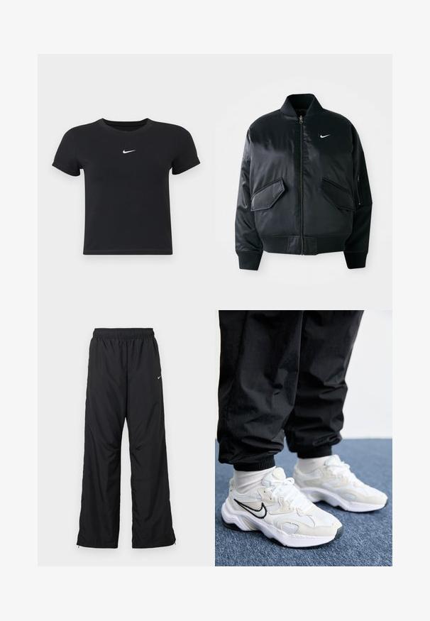 Chaqueta bomber negra con un acabado satinado suave, cuello de canalé y dos bolsillos frontales con solapa. Presenta un pequeño logo blanco en el pecho.; Camiseta negra de manga corta hecha de algodón con un cuello redondo. Presenta un logo blanco de Nike en el pecho, diseño minimalista y forma ajustada.; Pantalones deportivos negros con cintura elástica, bolsillos laterales y corte holgado. Fabricados con tela ligera y suave con un sutil brillo.; Zapatillas deportivas blancas y de un gris claro con un upper texturizado, suela gruesa y logo Swoosh negro. Combinadas con pantalones jogger negros y calcetines blancos.