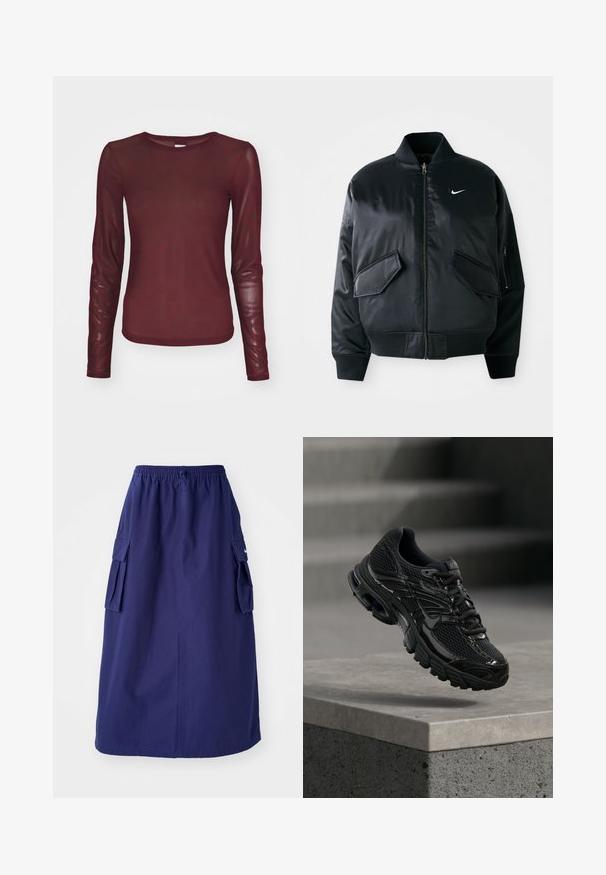 Schwarze Bomberjacke mit glatter Satin-Oberfläche, geripptem Kragen und zwei vorderen Klapptaschen. Besitzt ein kleines weißes Logo auf der Brust.; Burgunderfarbenes Langarmoberteil aus transparentem Stoff mit einem subtilen schwarzen Logomuster. Es hat einen runden Halsausschnitt und eine taillierte Silhouette.; Marineblaue, knielange Rock mit elastischem Bund, der über zwei seitliche Cargotaschen und ein minimales Logodesign verfügt. Glatte Stoffoberfläche.; Schwarzer Nike Laufschuh mit Mesh- und Synthetik-Obermaterial, der über einer Betonfläche und Treppen im Hintergrund schwebt.