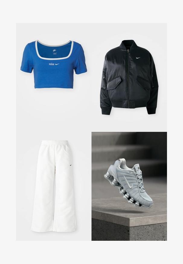 Must karvane jope, millel on sile satiinviimistlus, soonikuga krae ja kaks esimest klapiga taskut. Rinnal on väike valge logo.; Sinine lühikeste varrukatega lühike t-särk, mis on valmistatud pehmest puuvillast, ruudukujulise kaelusega ja valged logod rinnal ning krael.; Valged spordipüksid laia jalaga disainiga, elastse vöökohtaga ja väike must Nike logo vasakul küljel. Sile, kerge materjal.; Heleroheline Nike jooksujalats pehmendatud vedrustusega tallaga, hõljumas betoonserva kohal, uduse trepi taustaga.