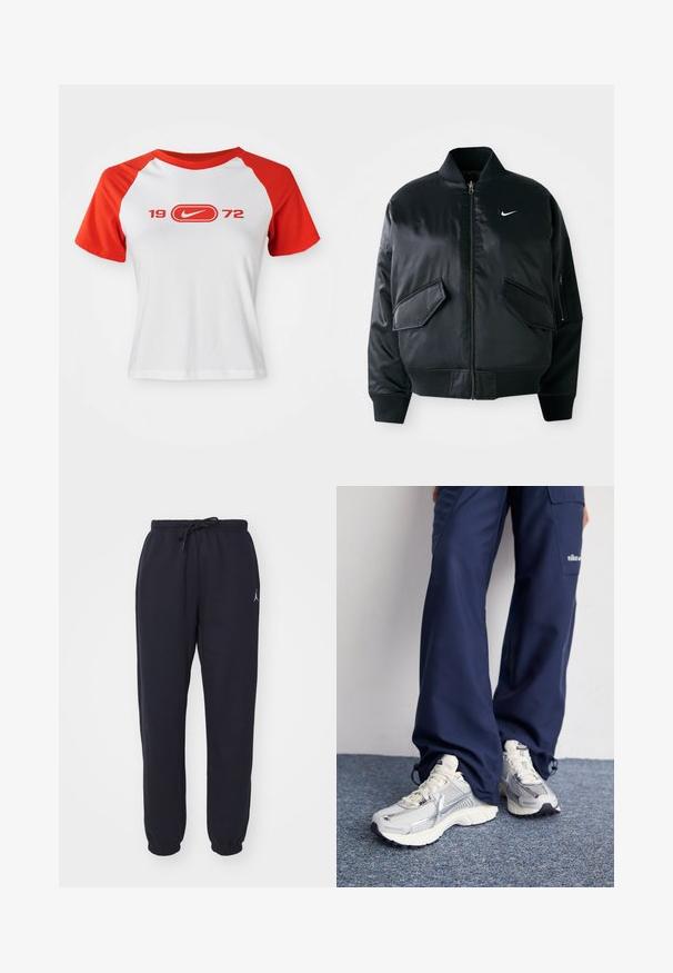 Veste bomber noire avec une finition satinée lisse, un col côtelé et deux poches à rabat à l'avant. Présente un petit logo blanc sur la poitrine.; T-shirt Nike avec un corps blanc et des manches raglan rouges. Présente "1972" et un logo en rouge sur la poitrine. Fabriqué en tissu jersey lisse.; Pantalons de jogging navy en tissu doux, dotés d'une taille élastique avec cordon de serrage, de jambes fuselées et d'un petit logo blanc à l'avant.; Baskets de sport Nike avec une tige en maille argentée, des accents blancs et des semelles texturées, associées à un pantalon marine ample.