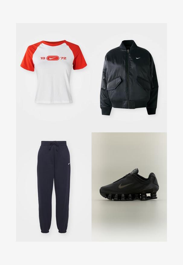 Čierna bomber bunda so hladkým saténovým povrchom, rebrovaným golierom a dvoma prednými vreckami s klapkami. Na hrudi sa nachádza malé biele logo.; Nike tričko s bielym telom a červenými raglánovými rukávmi. Na prednej strane sa nachádza nápis "1972" a logo v červenej farbe. Vyrobené z hladkej jersey látky.; Nike tepláky v námornej modrej farbe, vyrobené z mäkkého materiálu. Obsahujú elastický pás s šnúrkou a sťahovacie nohavice. Malý biely logotyp ako akcent.; Čierna teniska Nike so zipsom na hornej časti a výraznou pružinovou podrážkou v oddelených segmentoch, zobrazená z profilu na neutrálnom pozadí.