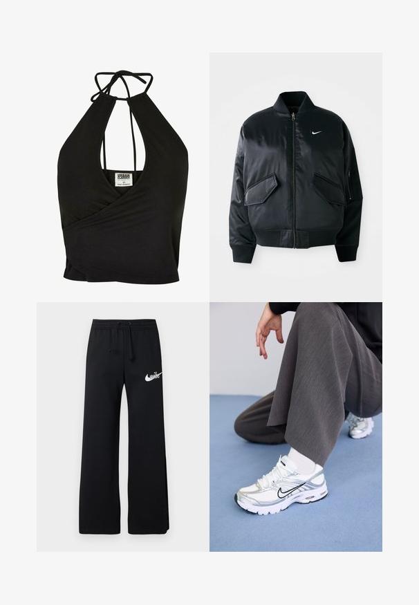 Chaqueta bomber negra con un acabado satinado suave, cuello de canalé y dos bolsillos frontales con solapa. Presenta un pequeño logo blanco en el pecho.; Top corto de cuello halter negro, hecho de una tela suave, con un escote en V profundo y un diseño envolvente. Se ata en la parte posterior para un ajuste ajustable.; Pantalones de chándal negros de material suave, con una cintura elástica con cordón y un logo blanco de Nike en el lado izquierdo.; Zapatillas deportivas blancas y plateadas con materiales de malla y sintéticos, con líneas de acento negras, cordones y suelas texturizadas.