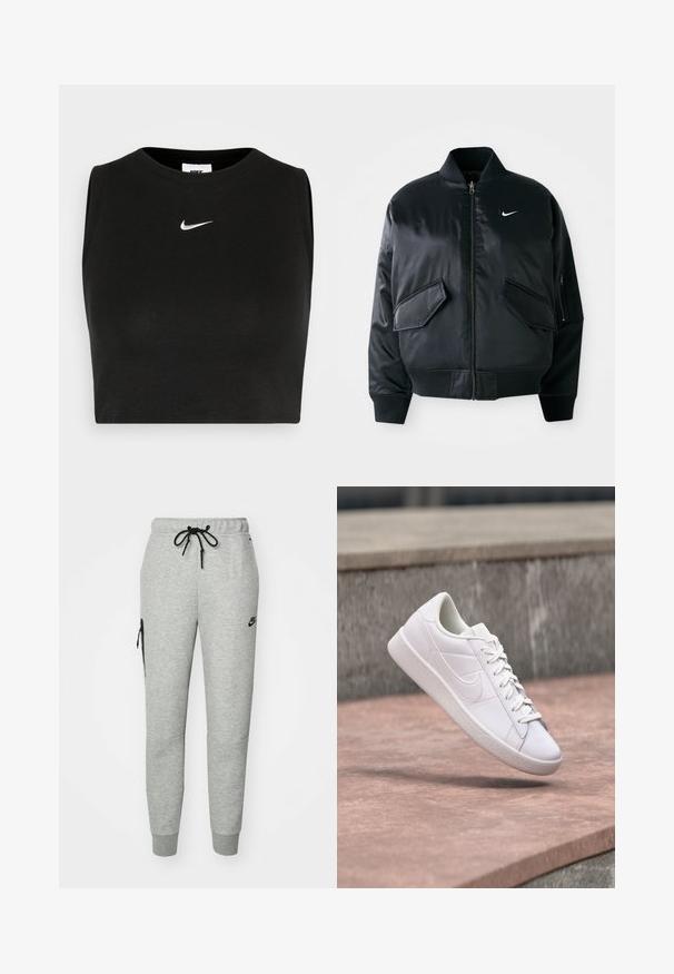 Chaqueta bomber negra con un acabado satinado suave, cuello de canalé y dos bolsillos frontales con solapa. Presenta un pequeño logo blanco en el pecho.; Top corto negro sin mangas hecho de material acanalado, con cuello redondo y un pequeño logo blanco de Nike en el pecho.; Pantalones de chándal grises de tejido suave con cintura ajustable por cordón, piernas ajustadas y un bolsillo con cremallera en el lado izquierdo. Presenta un logo negro.; Zapatilla baja blanca de Nike con cordones suspendida sobre un borde de concreto contra un fondo de piedra gris al aire libre.