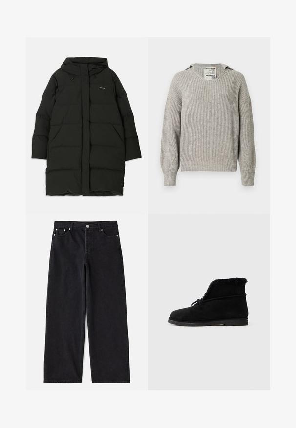 Doudoune noire avec capuche, de coupe droite, dotée de poches avant et d'une texture lisse. Logo embossé sur la poitrine.; Pull en tricot gris clair avec col en V, coupe ample, épaules tombantes et poignets côtelés. Le tissu présente un motif texturé.; Jean en denim noir à jambes larges avec cinq poches, fermeture à bouton et accessoires en métal argenté. Offre une silhouette propre et ajustée ainsi qu'une texture subtile.; Botte de cheville en suede noir avec doublure en fourrure visible à l'ouverture et un lacet noué autour de la partie supérieure.