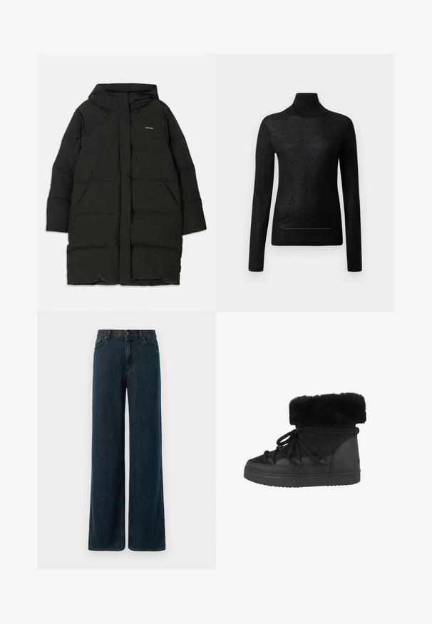 Sort pufferjakke med hætte, med lige snit, frontlommer og en glat tekstur. Prægede logo på brystet.; Sort langærmet turtle neck top lavet af letvægtsstof, med en tætsiddende design og minimale sømdetaljer, velegnet til lagdeling.; Bredde ben mørkeblå denimjeans med høj talje, fem-lomme design og subtile stikninger. Stof har en glat tekstur.; Sorte ankelstøvler med kunstpels, der har struktureret materiale, rund tå og flad gummisål. Inkluderer snørebånd til lukning.