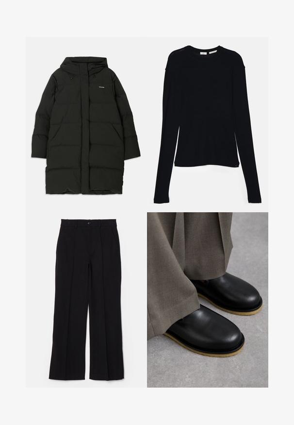 Black puffer coat with a hood, featuring a straight cut, front pockets, and a smooth texture. Embossed logo on the chest.; Black long-sleeve top made of soft fabric, featuring a round neckline and a relaxed fit with side slits at the hem for ease of movement.; Black trousers with a flat front, straight legs, and pockets. Made from a soft fabric, featuring a single button closure and belt loops.; Black leather shoes with a rounded toe, flat sole, and contrasting light brown outsole, paired with loose gray trousers.
