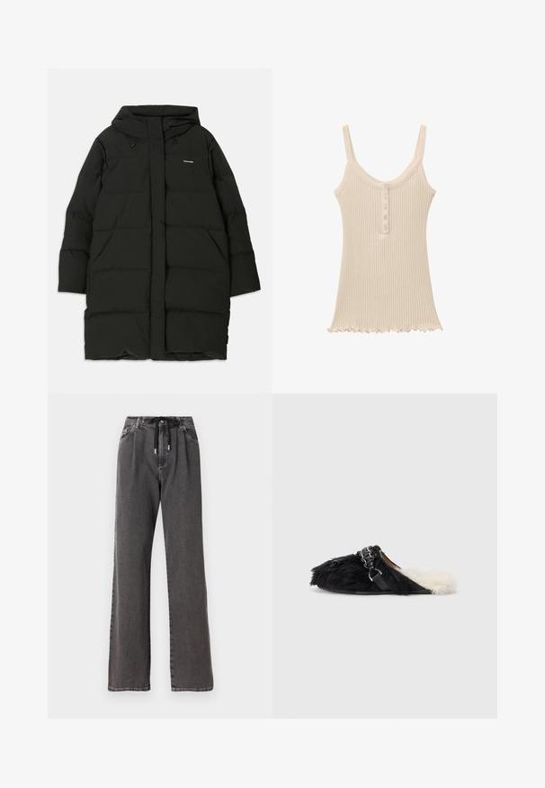 Sort pufferjakke med hætte, med lige snit, frontlommer og en glat tekstur. Prægede logo på brystet.; Beige ribbet ærmeløs tanktop med rund halsudskæring, fem knapper foran og flæsekant.; Løsgribede grå denim bukser med snoretræk i taljen og forlommer, fremstillet af blød, robust bomuldsstof.; Sorte pelslippers med en hvid pelsforing og en dekorativ kæde-strop. Designet er slip-on med en flad sål.