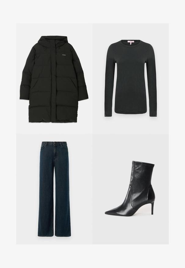 Zwarte pufferjas met een capuchon, uitgerust met een rechte snit, voorzakken en een gladde textuur. Geperst logo op de borst.; rag & bone THE SLUB - Longsleeve - black; Wijde, donkerblauwe spijkerbroek met een hoge taille, vijf pockets en subtiele stikdetails. De stof heeft een gladde textuur.; Zwarte enkelboots van soepel leer, met een spitse neus, een aangesloten schacht en een slanke hoge hak. Minimalistisch ontwerp zonder zichtbare hardware.