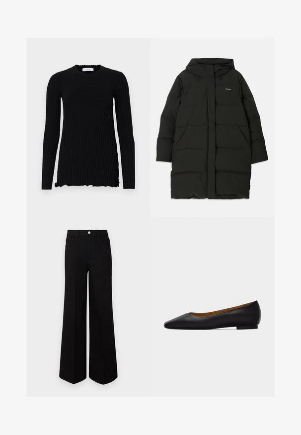 Schwarze Daunenjacke mit Kapuze, gerader Schnitt, Fronttaschen und glatter Textur. Geprägtes Logo auf der Brust.; Rabanne Langarmshirt - black; Schwarze weit geschnittene Jeans aus strapazierfähigem Material, mit hoher Taille, Fronttaschen und einem Knopfverschluss vorne. Flacher Saum am Boden.; Schwarzer flacher Schuh aus Leder mit spitz zulaufender Vorderkappe, niedrigem Absatz und glatter Oberfläche, von der Seite vor einem hellgrauen Hintergrund dargestellt.