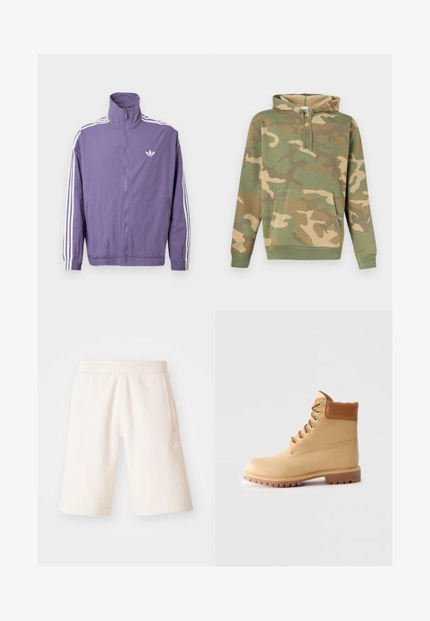 Lilla lynlåstrøje med høj krave, hvide tre-stribe accenter på ærmerne og lille hvidt logo på venstre bryst. Polyester materiale.; Grøn og beige camouflage-print hættetrøje med forlommekængurulomme og snøre i hætten.; Cremefarvede bomuldsshorts med elastisk talje, sidelommer og et diskret logo på venstre ben. Glat tekstur og knælængde design.; Lysebrun læder ankelstøvle med polstret krave, gyldne snøringer, brune snørebånd og tyk sål med riller på ensfarvet lys baggrund.