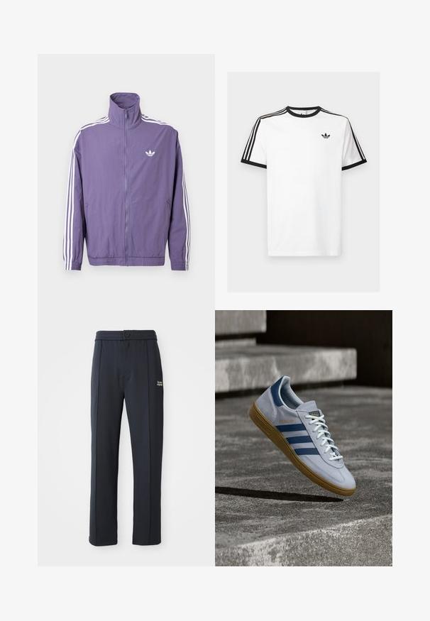 Chaqueta morada con cremallera y cuello alto, detalles de tres rayas blancas en las mangas y pequeño logo blanco en el pecho izquierdo. Material de poliéster.; Camiseta de algodón blanca con cuello y mangas de canalé negro, con tres rayas negras en cada hombro y un pequeño logo en el pecho.; Pantalones rectos negros con cintura elástica, cierre de botón, detalles de costura y pequeño logo blanco "the new originals" en el muslo izquierdo.; Zapatilla Adidas Spezial azul claro con rayas azul marino y suela de goma, mostrada en el aire sobre escalones de hormigón en un entorno exterior neutral.