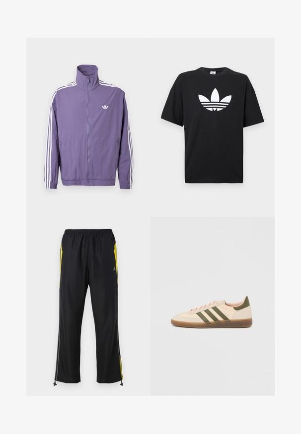 Lilla lynlåstrøje med høj krave, hvide tre-stribe accenter på ærmerne og lille hvidt logo på venstre bryst. Polyester materiale.; Sort bomulds T-shirt med korte ærmer, der har et stort hvidt Adidas-logo og tre vandrette striber i bunden. Klassisk rund halsdesign.; Sorte træningsbukser med gule sideaccenter, elastisk talje og lynlåslommer på siden. Fremstillet af let og glat stof.; Beige Adidas Spezial sneaker med lav profil, grønne striber, gummisål og "SPEZIAL"-branding på siden, vist fra ydersiden.