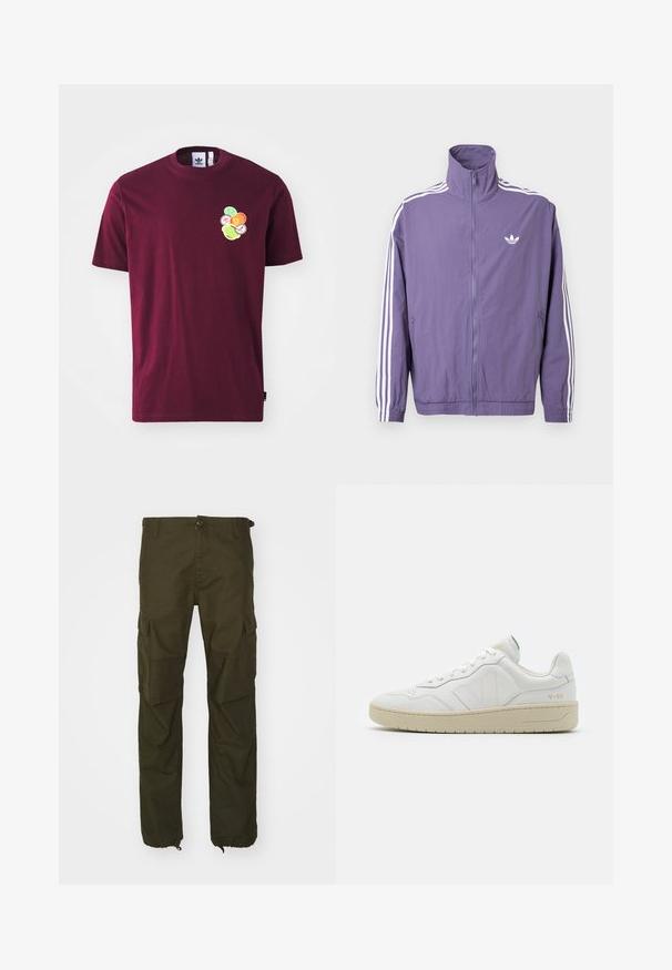 Lilla lynlåstrøje med høj krave, hvide tre-stribe accenter på ærmerne og lille hvidt logo på venstre bryst. Polyester materiale.; Mørkerød bomulds t-shirt med korte ærmer og rund hals. Indeholder en broderet grafik på venstre bryst, inklusive farverige cirkulære design.; Olivenfarvede cargo bukser lavet af slidstærkt stof, med knaplukning, flere sidelommer og elastiske manchetter ved anklerne.; Hvide lædersneakers med struktureret overflade og polstret krave. Har en beige gummisål og diskret branding på hælen og siden.