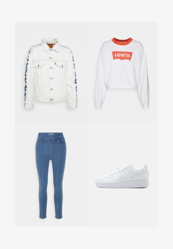 Hvid denimjakke med blå tie-dye detaljer på ærmerne, sølvknapper og gul syning. To brystlommer inkluderet.; Hvid sweatshirt med en rød rund krave og et stort rødt Levi's-logo på forsiden. Har afslappet pasform og ribbede manchetter.; Blå denim jeggings med en glat tekstur, høj talje, fem-lomme design og tapered ben. Standard længde med en simpel kant.; Hvid Nike Air Force 1 sneaker med lavt snit, snørelukning, perforeret tåboks og karakteristisk Swoosh-logo på siden.