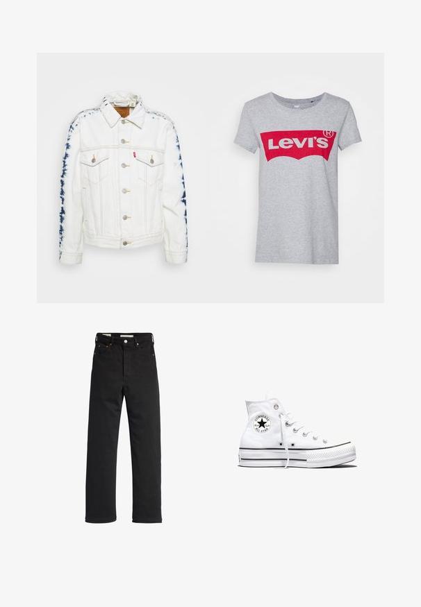 Hvid denimjakke med blå tie-dye detaljer på ærmerne, sølvknapper og gul syning. To brystlommer inkluderet.; Grå bomulds t-shirt med et stort rødt Levi's-logo på tværs af brystet, med en klassisk rund halsudskæring og korte ærmer.; Sorte denim jeans med lige ben, der har en høj talje, fem-lomme design, metal knaplukning og minimale syninger.; Hvid højtop Converse Chuck Taylor All Star-sneaker med sort logo-patch og hvide snørebånd, vist på hvid baggrund.